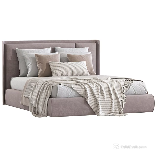 Double Bed with Upholstered Gray Headboard and Multiple Neutral Pillows Topped with Striped Blanket 3d model