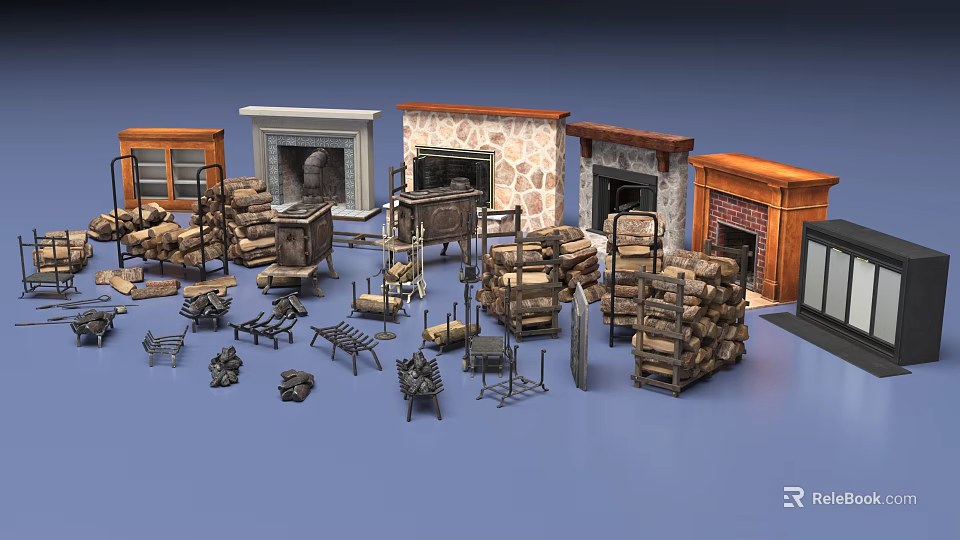 Various Style Fireplace Designs With Wood Stacks And Fireplace Tools 3d model 