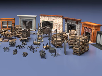 Various Style Fireplace Designs With Wood Stacks And Fireplace Tools 3d model