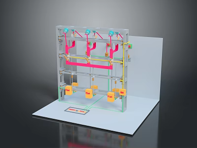 Mechanical Structure Model with Colored Pipelines Metal Frame and Components on White Base 3d model