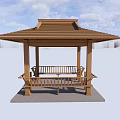 Wooden Garden Pavilion Featuring Four-Sided Roof and Benches Under Blue Sky White Clouds
