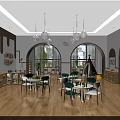 Preschool Classroom with Bright Tables Chairs Bookshelves Pendant Lights and Wooden Floor