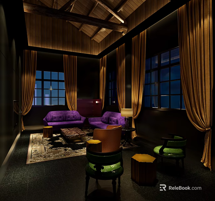 Luxury KTV Private Room Interior With Purple Sofas Wooden Decor And Curtains 3d model 