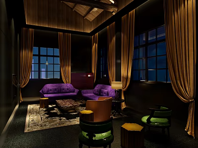 Luxury KTV Private Room Interior With Purple Sofas Wooden Decor And Curtains 3d model