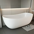 Modern Bathroom Interior With White Freestanding Bathtub Gray Tiled Walls And Patterned Mat