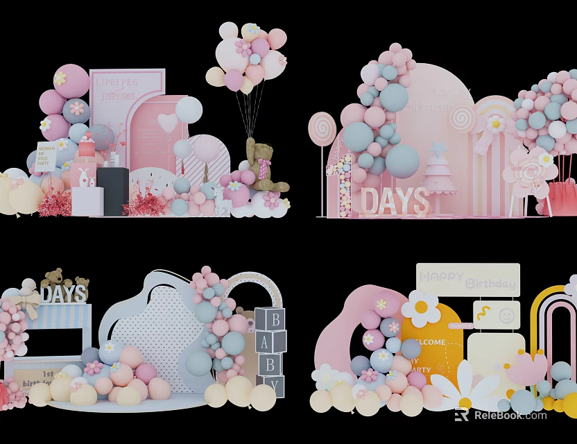 Festive Photo Spot With Pink Blue Balloons Decorative Arches Teddy Bears And Flower Decorations 3d model 