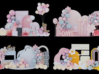 Festive Photo Spot With Pink Blue Balloons Decorative Arches Teddy Bears And Flower Decorations 3d model