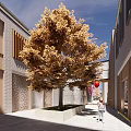 Modern Commercial Pedestrian Street With Traditional Architecture Outdoor Seating Greenery And Stone Paved Walkway