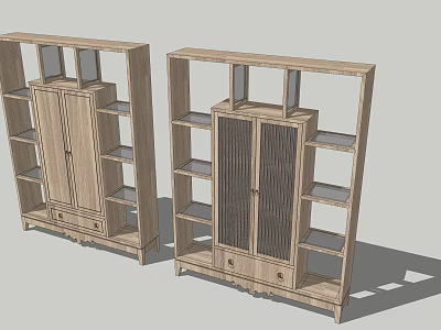 Traditional Wooden Display Shelves With Multiple Shelves Textured Middle Doors And Bottom Drawers 3d model