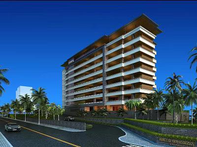 Tropical Multi Story Hotel Building Exterior With Palm Trees And Road Landscaping 3d model