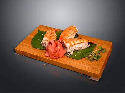Bamboo Cutting Board With Sushi Green Leaves Pink Ginger And Garnish For Home Kitchen Serving 3d model