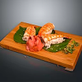 Bamboo Cutting Board With Sushi Green Leaves Pink Ginger And Garnish For Home Kitchen Serving