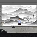 Elegant Front Desk Reception With Mountain Landscape Backdrop Marble Counter Receptionist Decorative Tree And Birds