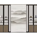 Modern Chinese Decorative Cabinet With Central Mountain Painting And Glass Door Display Shelves