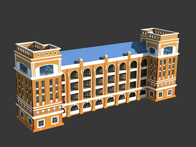 European Style Multi Story Building With Yellow Exterior Blue Roof Towers And Arched Windows 3d model