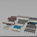 Small Industrial Building Models With Various Roof Designs And Colorful Exteriors