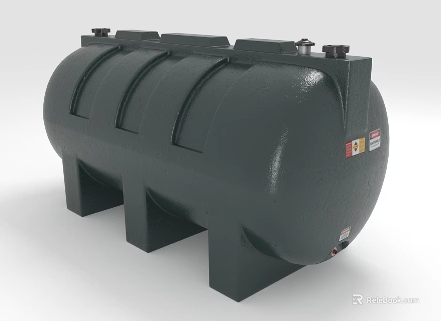 Horizontal Industrial Storage Tank With Steel Body Support Legs And Safety Labels 3d model 