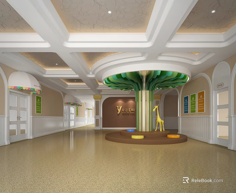 Bright Kindergarten Interior Featuring Tree Decor Giraffe Sculpture And Colorful Posters 3d model