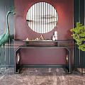 Chinese Style Console Table Featuring Green Crane Sculpture Round Mirror Red Wall and Gold Accents