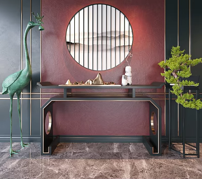 Chinese Style Console Table Featuring Green Crane Sculpture Round Mirror Red Wall and Gold Accents 3d model