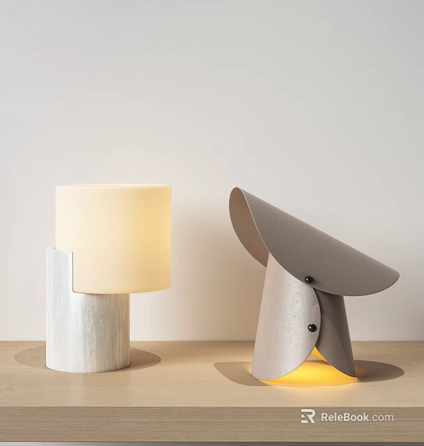 Two Modern Minimalist Table Lamps With Fabric Shades And Wooden Metal Geometric Bases 3d model 