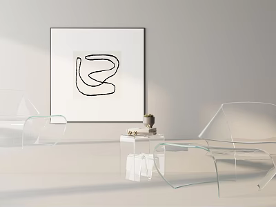 Acrylic Lounge Chair in Modern Space with White Wall Abstract Line Art and Decorative Table 3d model