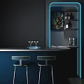 Dark Modern Bar Interior With Blue Bar Stools Wine Rack Glassware And Decorative Art