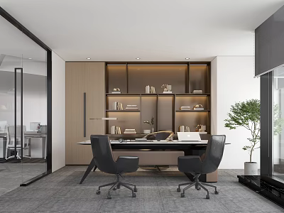Modern Manager's Office Chair Bookcase Plant Potted Desk 3d model