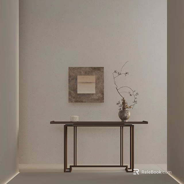 Dark Console Table With Metal Legs Vase Branch Decor And Light Colored Wall Artwork 3d model 
