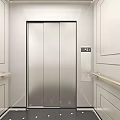Elevator Hallway Interior with Silver Elevator Doors Wooden Walls Black Panels Indicator Lights and Buttons