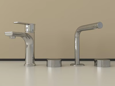 Two Chrome Modern Faucets With Round Bases On Beige Wall Countertop 3d model