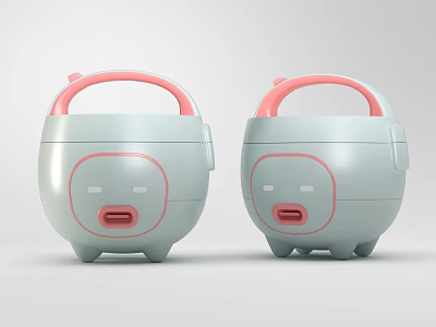 Two Cute Light Blue Rice Cookers With Pink Handles And Cartoon Face For Kitchen 3d model