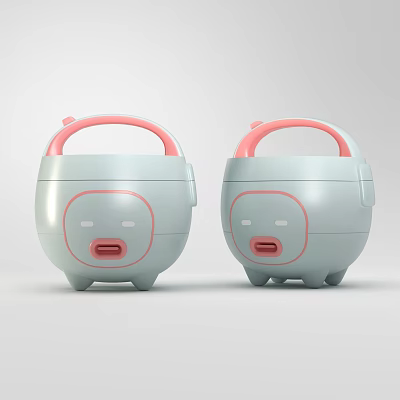 Two Cute Light Blue Rice Cookers With Pink Handles And Cartoon Face For Kitchen 3d model