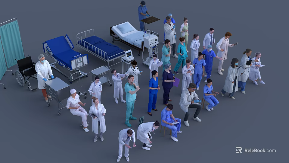 Medical Team Of Healthcare Professionals With Hospital Beds And Medical Equipment 3d model 