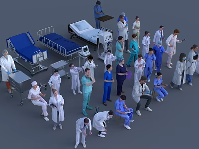 Medical Team Of Healthcare Professionals With Hospital Beds And Medical Equipment 3d model