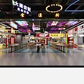 Neon Lit Interior Space With Colorful Signs Tables Chairs And Arrow Floor Markings