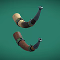 Musical Instruments Horns With Decorative Metal Rings Brown Beige Tones On Green Background