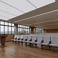 Office Conference Room Interior With Arranged White Seats Wooden Podium Wooden Walls and Ceiling Lights