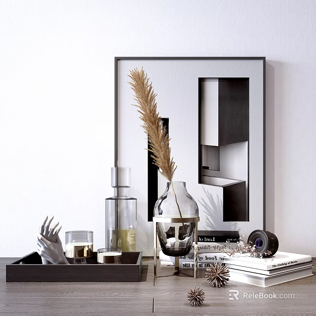Decorative Ornament Set With Framed Geometric Artwork Dried Pampas Grass Glass Vase And Books 3d model 