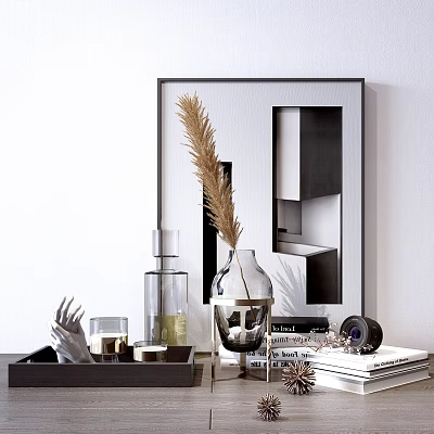 Decorative Ornament Set With Framed Geometric Artwork Dried Pampas Grass Glass Vase And Books 3d model