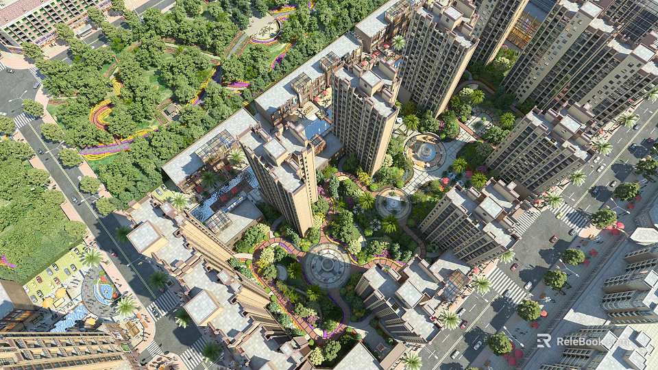Aerial View Urban Planning Featuring High Rise Buildings Green Spaces and Community Layout 3d model 