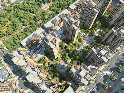 Aerial View Urban Planning Featuring High Rise Buildings Green Spaces and Community Layout 3d model