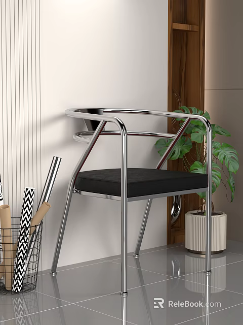 Modern Leisure Chair with Chrome Frame and Black Padded Seat in Interior with Green Plant 3d model 