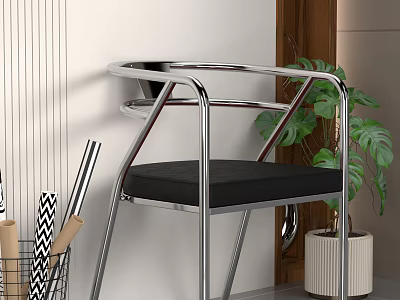 Modern Leisure Chair with Chrome Frame and Black Padded Seat in Interior with Green Plant 3d model