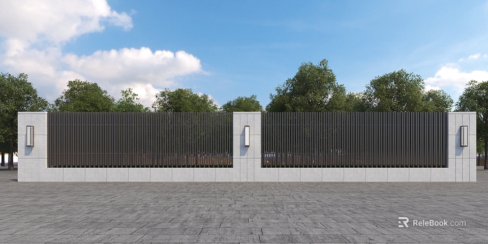 Modern Black Slat Fence With White Pillar Blue Sky Green Trees And Gray Pavement 3d model 