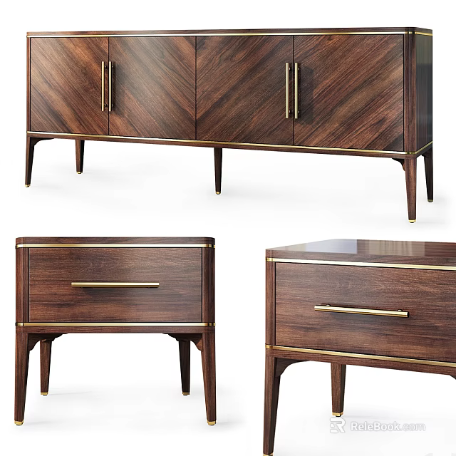 Elegant Modern Decorative Cabinet With Wood Grain Brass Handles And Slim Legs 3d model 