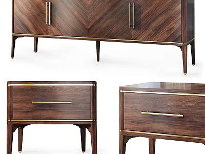 Elegant Modern Decorative Cabinet With Wood Grain Brass Handles And Slim Legs 3d model