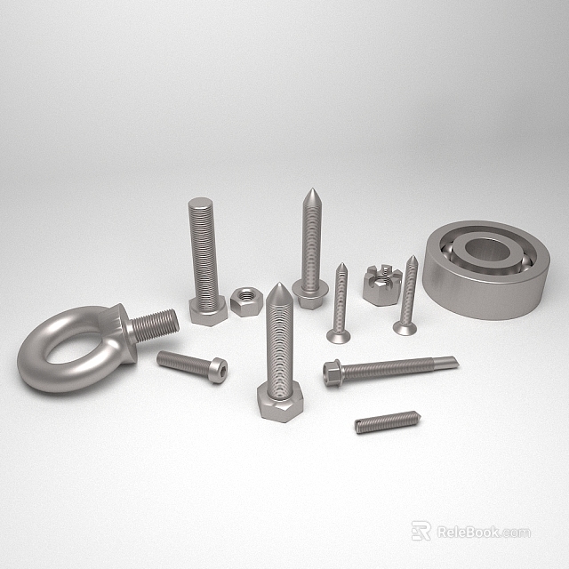 Various Silver Metal Hardware Tools Including Bolts Nuts Washers And Fasteners 3d model 