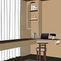 Cozy Home Office Desk With Wooden Top Laptop Table Lamp Bookshelf And Window Curtains