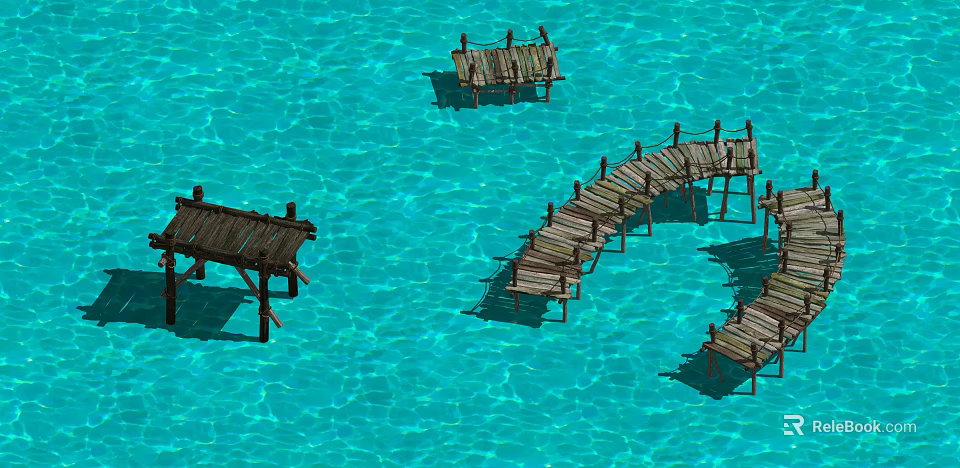 Wooden Bridges Over Clear Blue Water With Natural Reflection And Simple Structure 3d model 